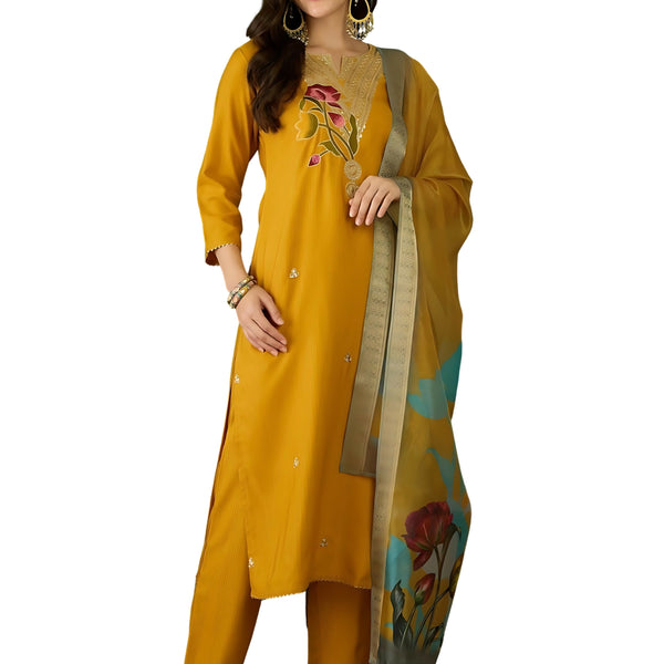 The52 Mustard Women's Beautiful Rayon Fabric Embroidered Work Straight Kurta, Pant and Dupatta Set - Distacart