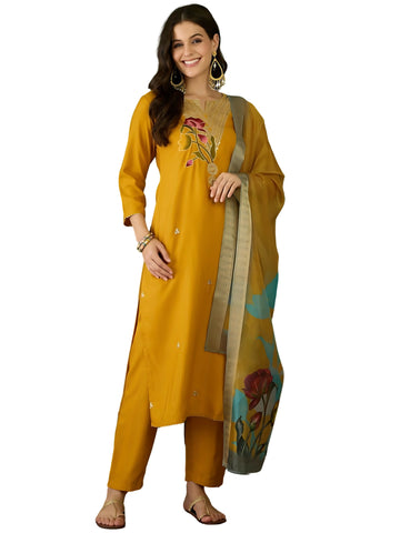 The52 Mustard Women's Beautiful Rayon Fabric Embroidered Work Straight Kurta, Pant and Dupatta Set - Distacart