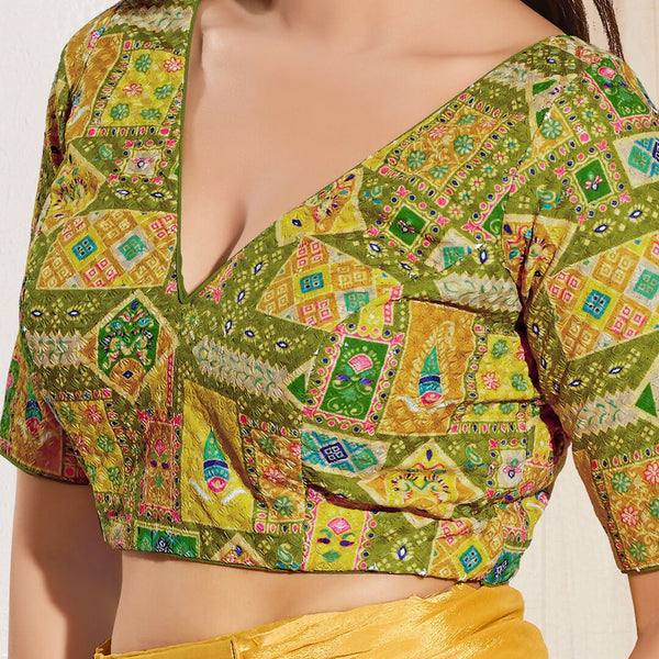 Joban Fashion Mehendi Green Viscose Rayon Padded Blouse With V Neck Elbow Sleeves