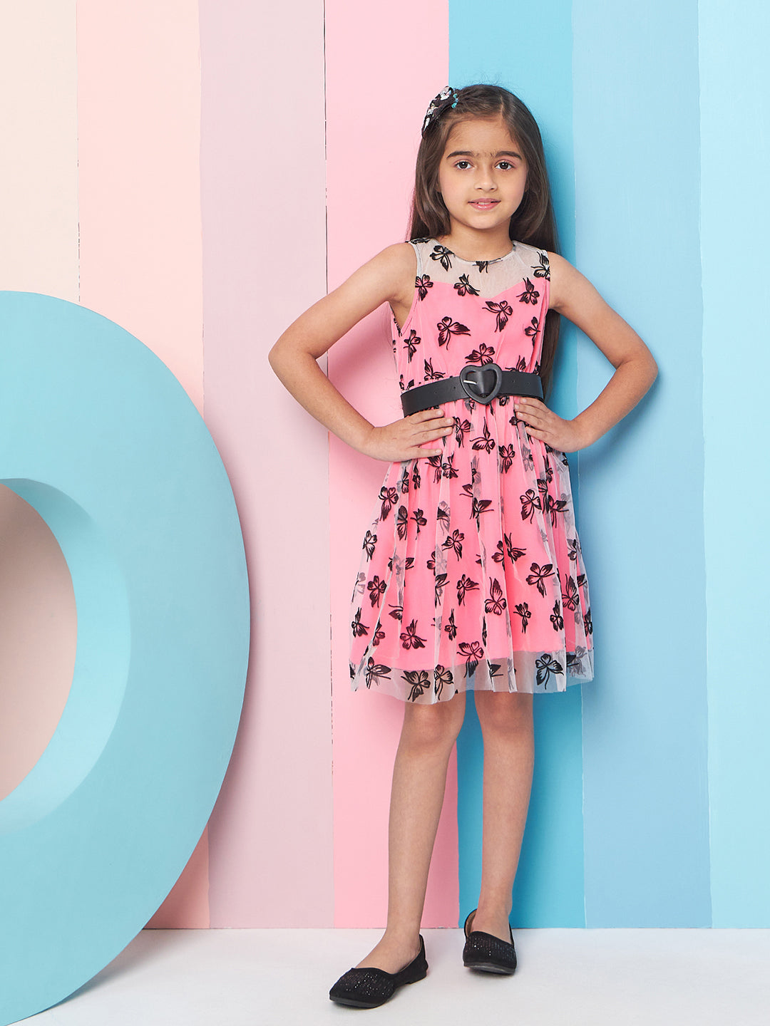 Girls Pink Floral Printed Fit Flare Dress for Kids - Mini Marvels - Distacart
