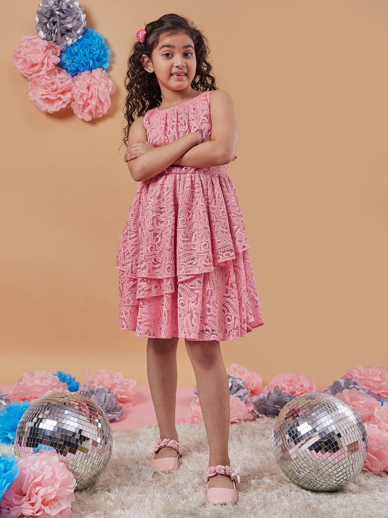 Girls Peach Self Design Round Neck A-Line Dress for Kids - Mini Marvels - Distacart