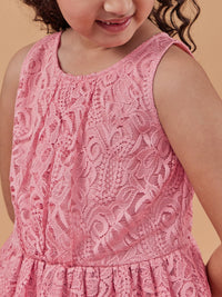 Thumbnail for Girls Peach Self Design Round Neck A-Line Dress for Kids - Mini Marvels - Distacart