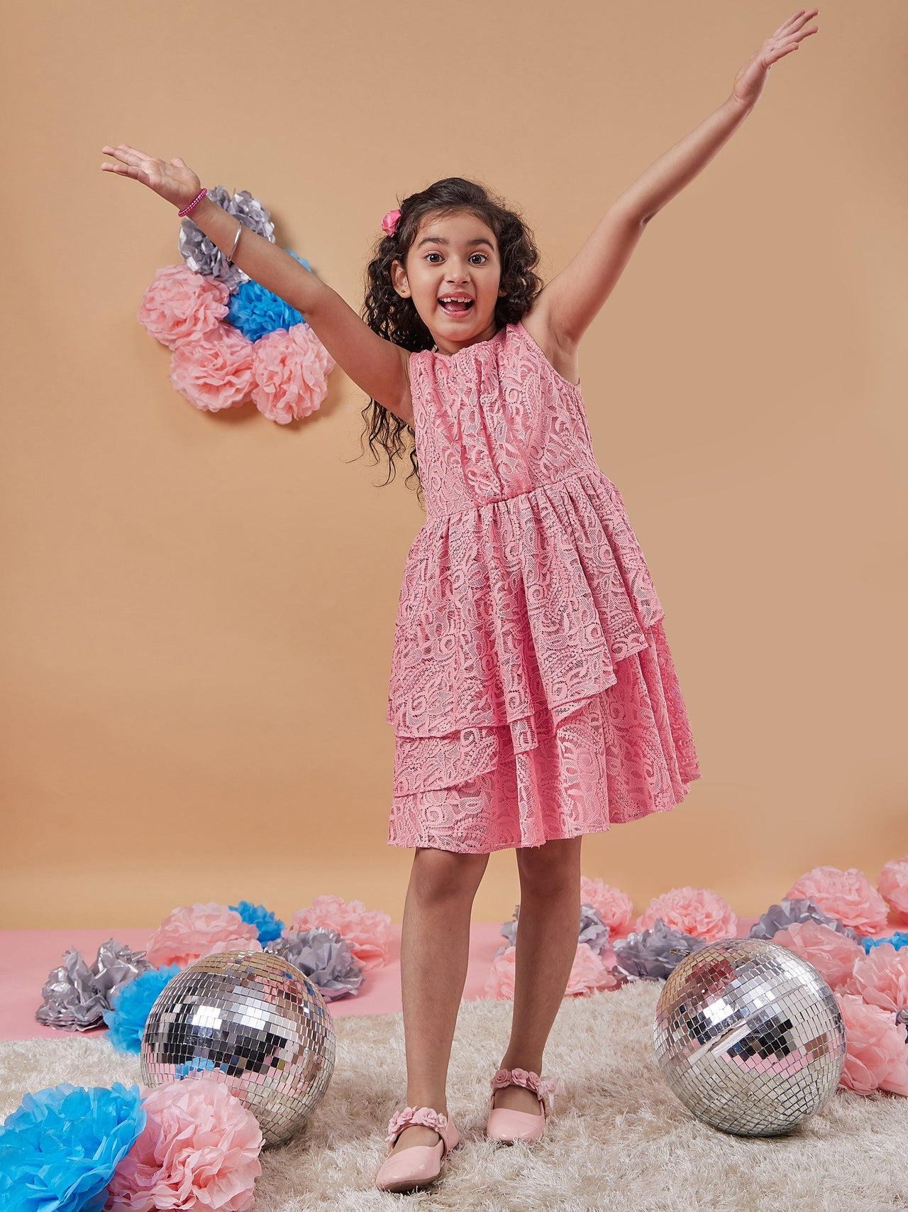 Girls Peach Self Design Round Neck A-Line Dress for Kids - Mini Marvels - Distacart
