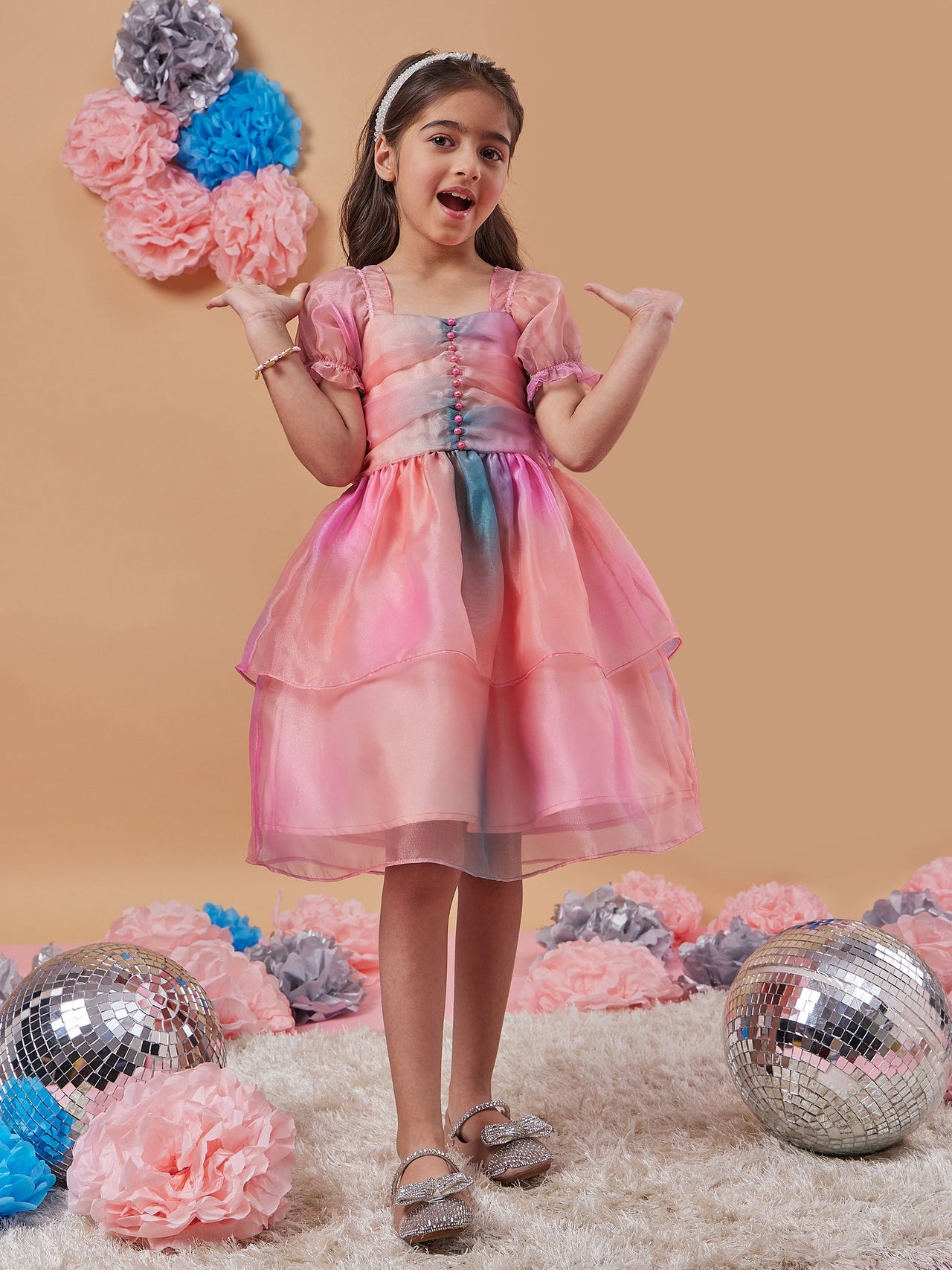 Girls Multi Square Neck Short Puff Sleeves Fit Flare Dress for Kids - Mini Marvels - Distacart