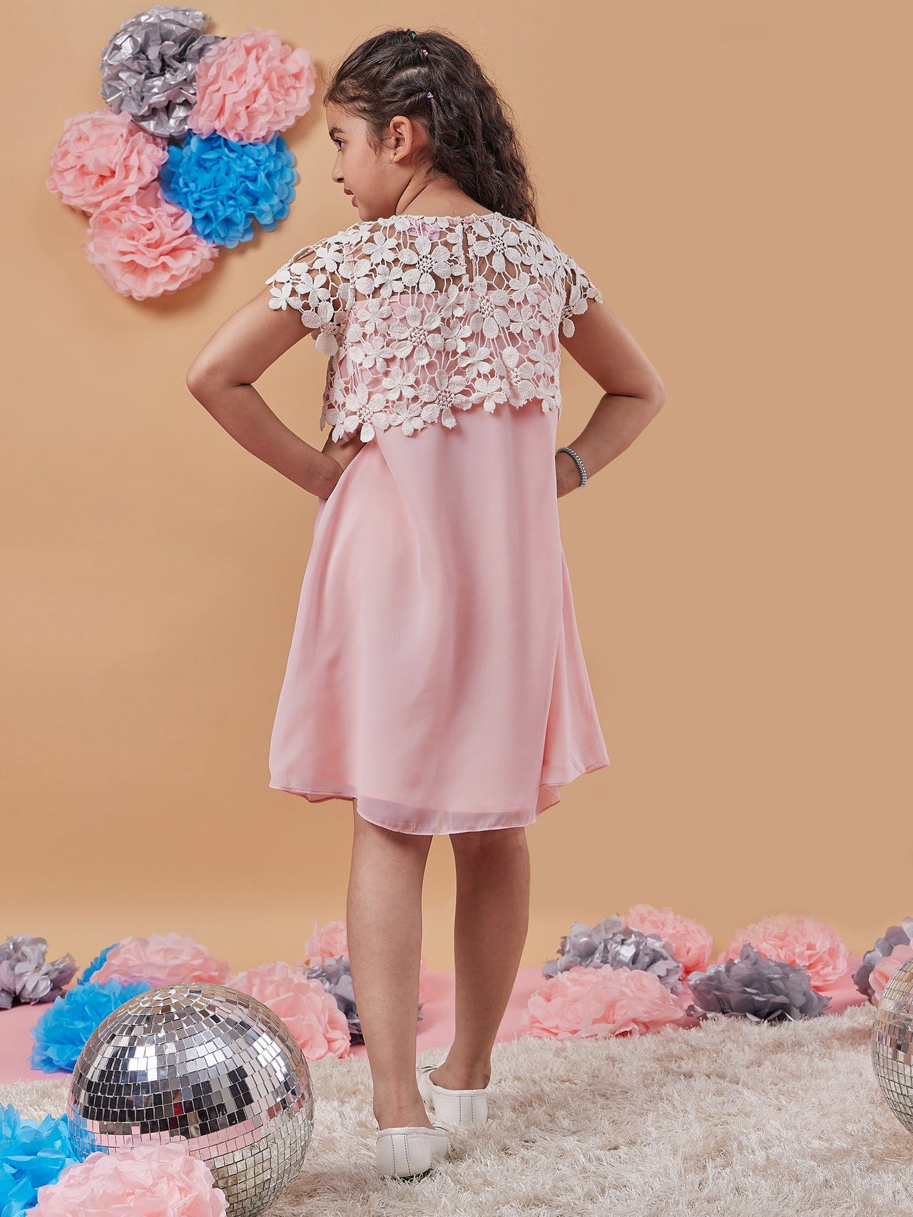 Girls Peach Self Design Georgette A-Line Dress for Kids - Mini Marvels - Distacart