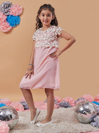 Thumbnail for Girls Peach Self Design Georgette A-Line Dress for Kids - Mini Marvels - Distacart