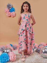 Thumbnail for Girls Peach Floral Printed Layered Detailed Maxi Dress for Kids - Mini Marvels - Distacart