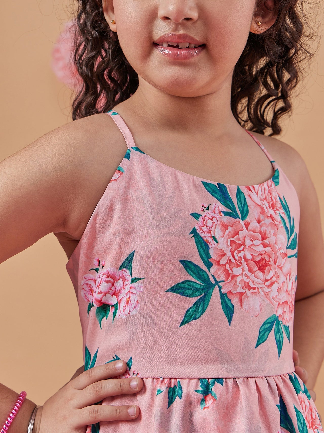 Girls Peach Floral Printed Layered Detailed Maxi Dress for Kids - Mini Marvels - Distacart