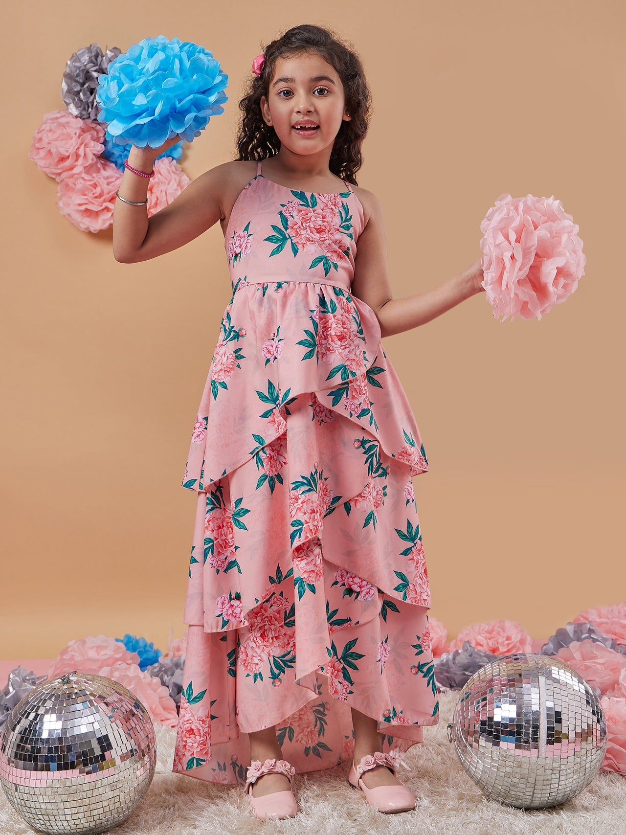 Girls Peach Floral Printed Layered Detailed Maxi Dress for Kids - Mini Marvels - Distacart