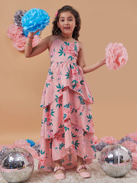 Thumbnail for Girls Peach Floral Printed Layered Detailed Maxi Dress for Kids - Mini Marvels - Distacart