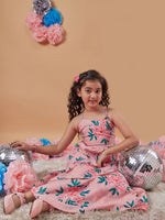 Thumbnail for Girls Peach Floral Printed Layered Detailed Maxi Dress for Kids - Mini Marvels - Distacart