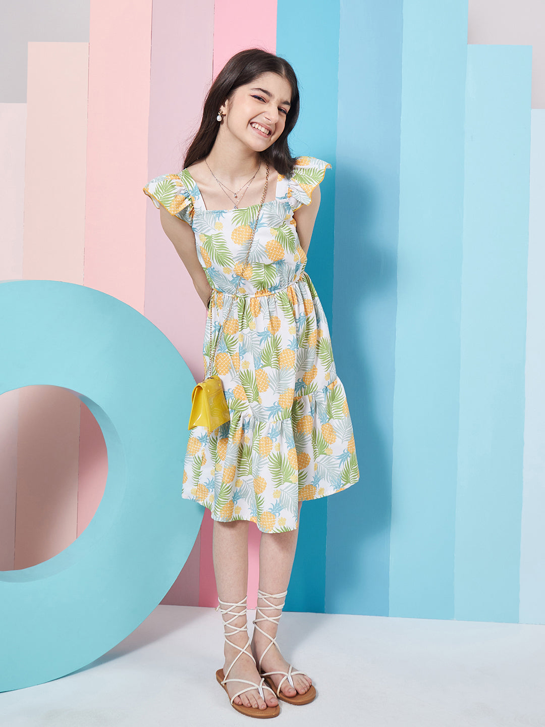 Girls Multi Floral Print Square Neck Flutter Sleeves Fit Flare Dress for Kids - Mini Marvels - Distacart