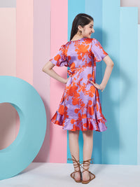 Thumbnail for Girls Purple Floral Printed Flutter Sleeve Satin Wrap Dress for Kids - Mini Marvels - Distacart