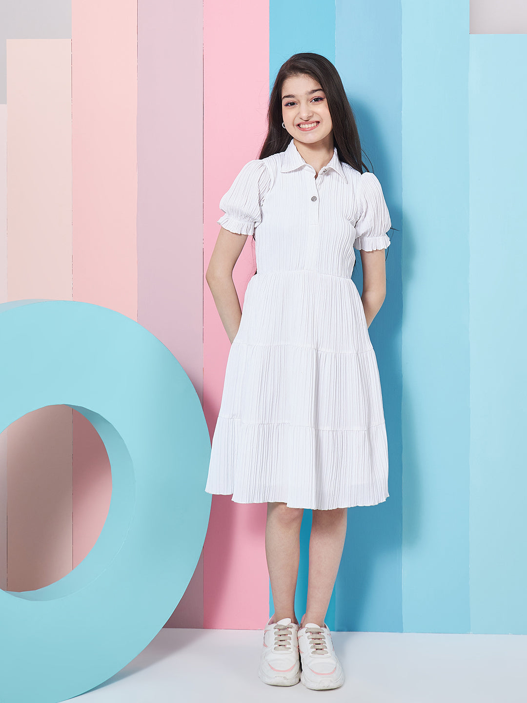 Girls White Puff Sleeves Fit Flare Dress for Kids - Mini Marvels - Distacart