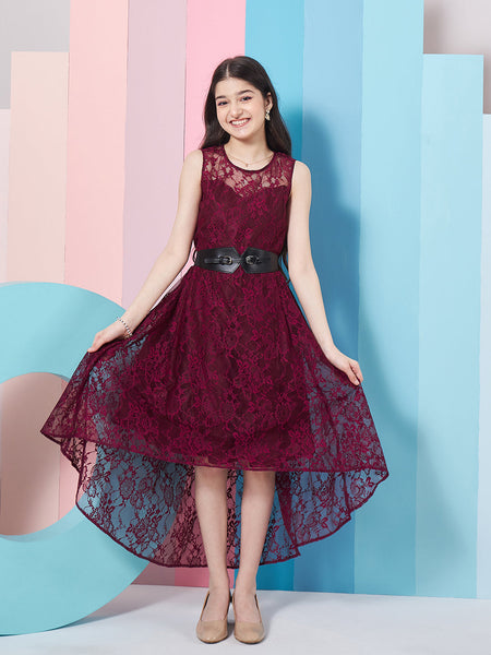 Girls Wine Round Neck Sleeveless Lace Fit Flare Maxi Dress for Kids - Mini Marvels - Distacart
