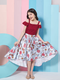 Thumbnail for Girls Wine Floral Printed Cold-Shoulder Satin Fit Flare Midi Dress for Kids - Mini Marvels - Distacart