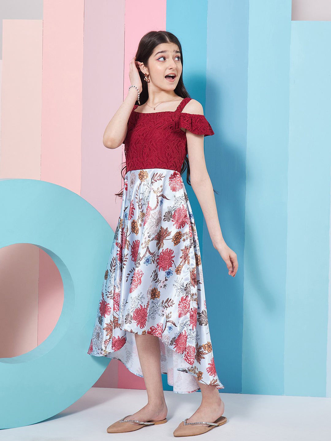 Girls Wine Floral Printed Cold-Shoulder Satin Fit Flare Midi Dress for Kids - Mini Marvels - Distacart