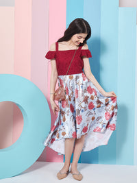 Thumbnail for Girls Wine Floral Printed Cold-Shoulder Satin Fit Flare Midi Dress for Kids - Mini Marvels - Distacart