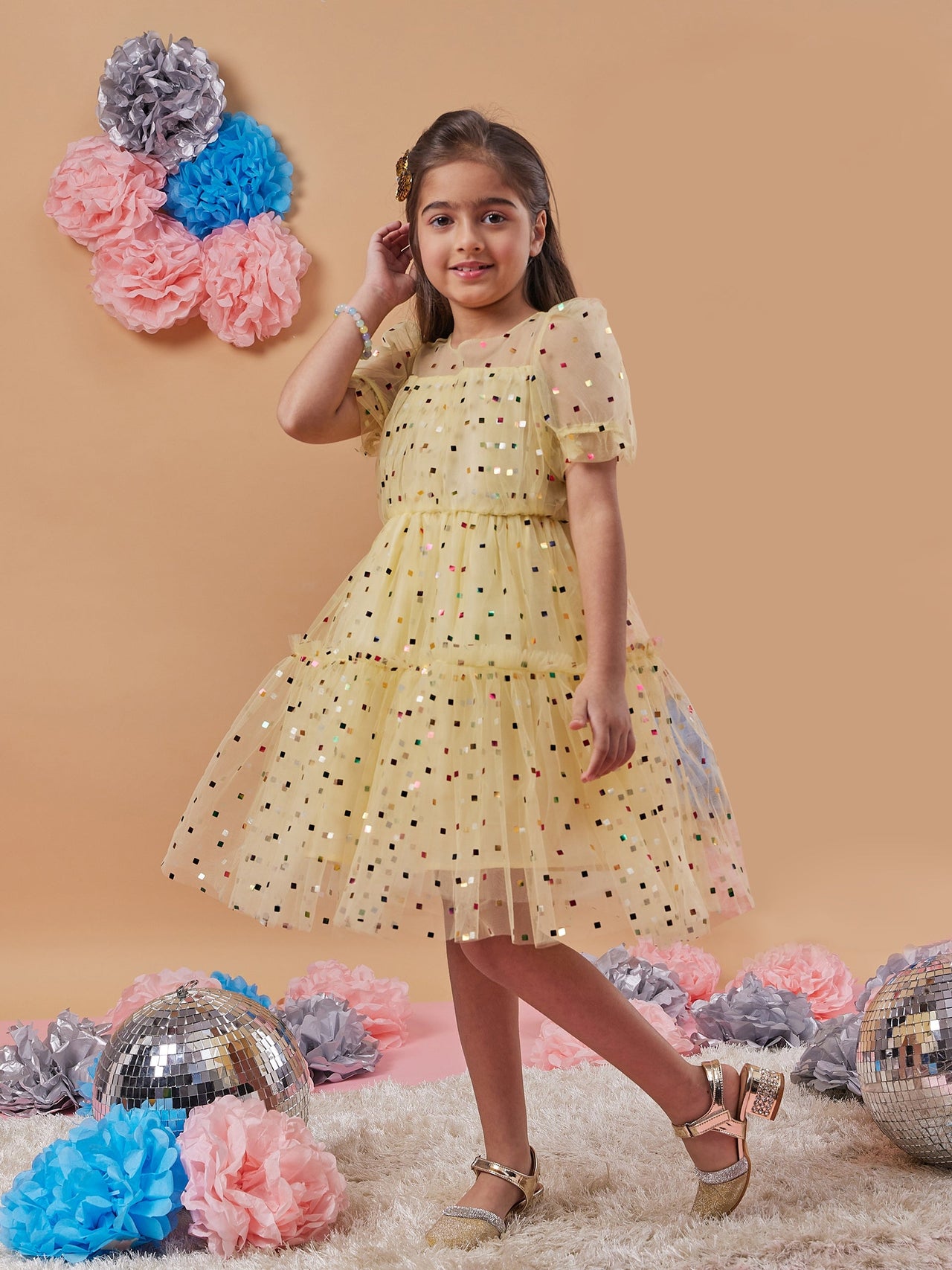 Girls Yellow Embellished Puff Sleeves Fit Flare Dress for Kids - Mini Marvels - Distacart