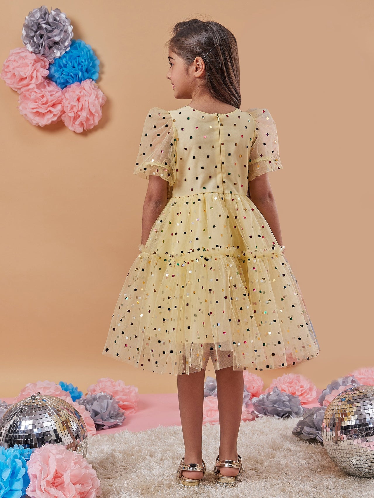 Girls Yellow Embellished Puff Sleeves Fit Flare Dress for Kids - Mini Marvels - Distacart