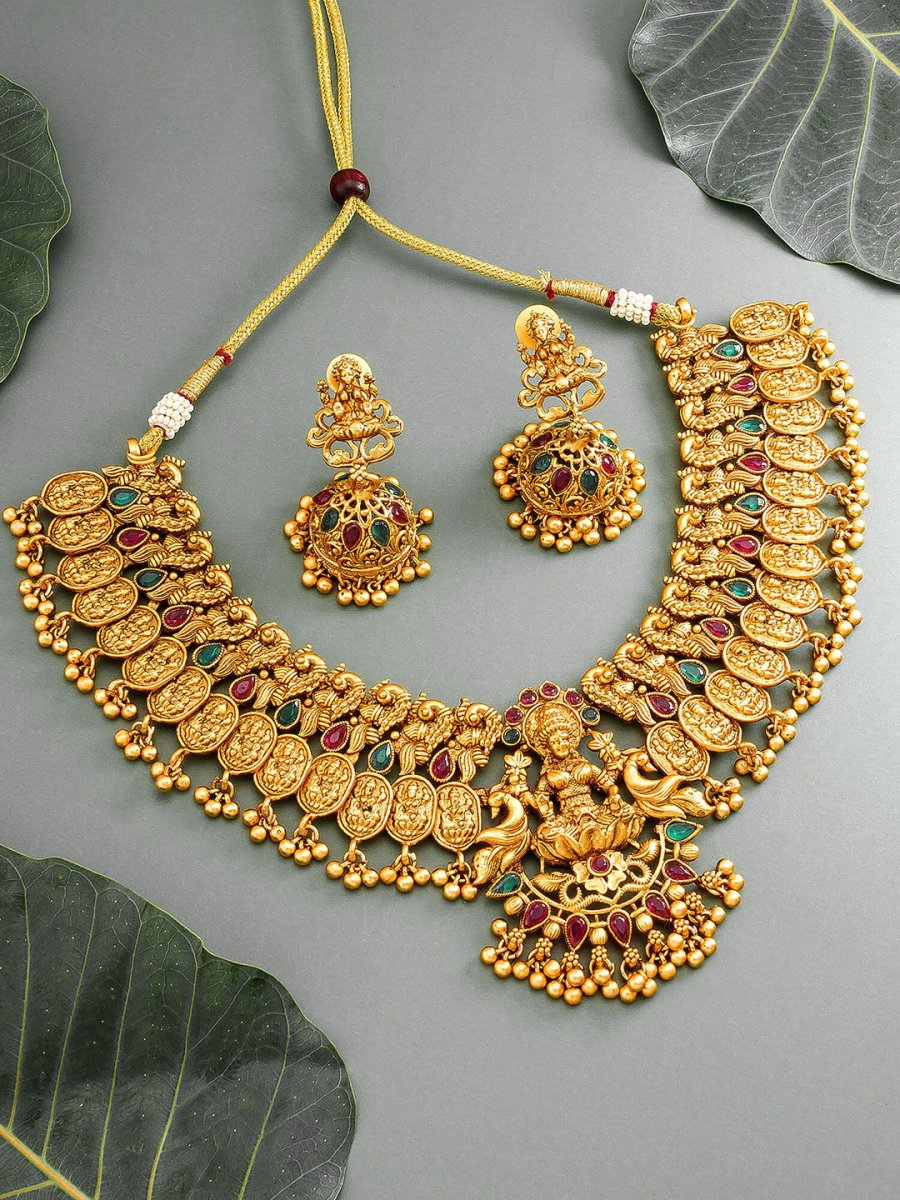 Aadita Gold-Toned Red & Green Stone-Studded Temple Jewelry Set - Distacart