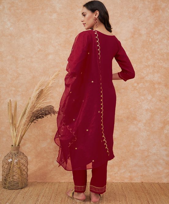 Sangria Maroon Floral Embroidered Straight Kurta With Trousers & Dupatta