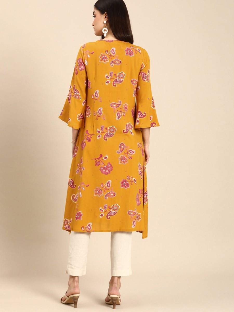 All About You Women Mustard Yellow Ethnic Motifs Printed Flared Sleeves Kurta - Distacart