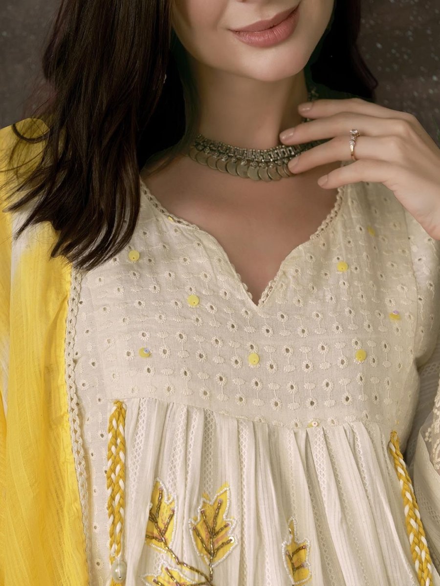 Anouk Embroidered Pleated Chikankari Pure Cotton A-Line Kurta With Trousers & Dupatta - Distacart