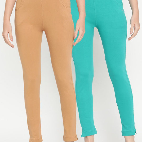 TAG 7 Women Turquoise Blue & Beige Ankle-Length Leggings Pack of 2 - Distacart