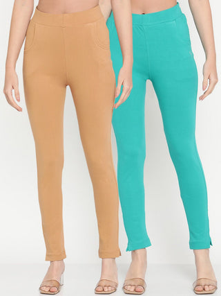 TAG 7 Women Turquoise Blue & Beige Ankle-Length Leggings Pack of 2 - Distacart