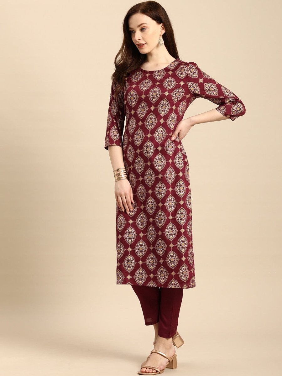 All About You Women Maroon Printed Kurta with Trousers - Distacart