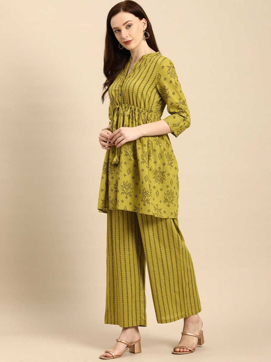 All About You Women Green Printed Pure Cotton Kurti with Palazzos - Distacart