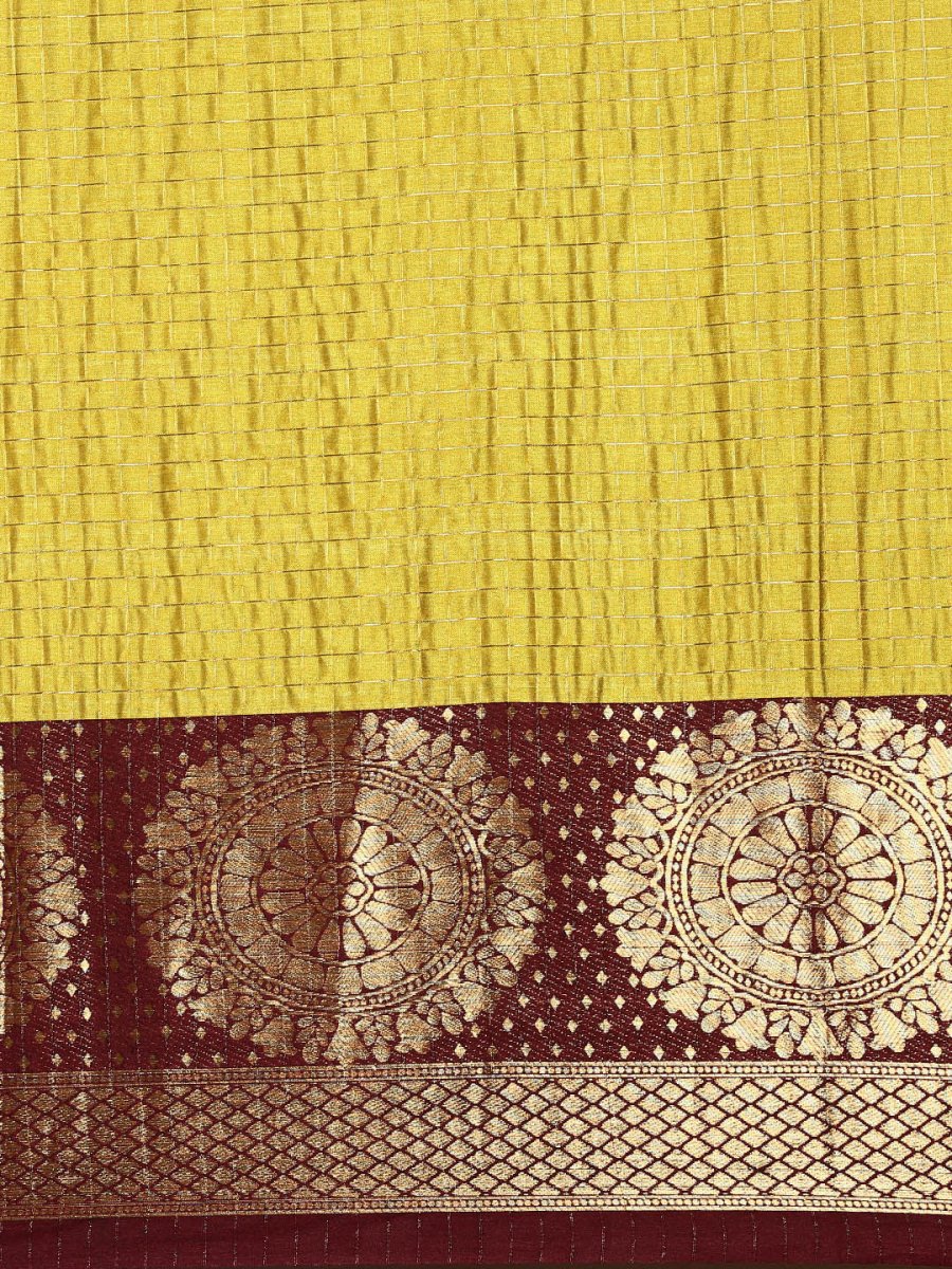 Anouk Mustard Yellow & Gold-Toned Checked Zari Pure Silk Kanjeevaram Saree - Distacart