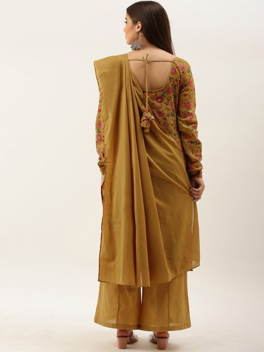 All About You Women Brown Floral Print Straight Cotton Kurta with Palazzos & Dupatta - Distacart