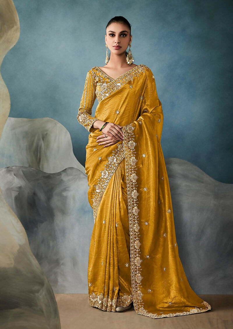 Monjolika Fashion Mustard Tissue Embroidered Sequins And Zari Work Saree