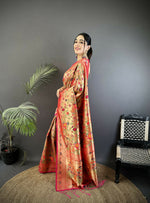 Thumbnail for Joban Fashion Peach Floral & Leaf Motifs Soft Silk Paithani Saree - Distacart