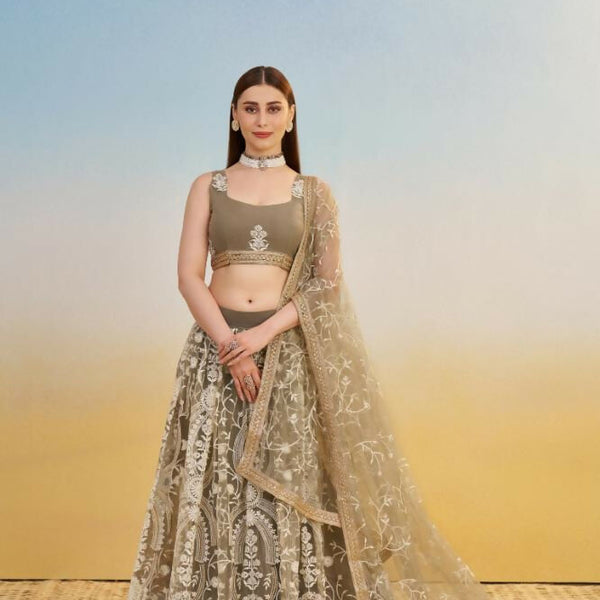 Aastha Fashion Ivory Butterfly Net White Cotton Thread Work And Sequence Work Embroidery Wedding Wear Lehenga Choli - Distacart