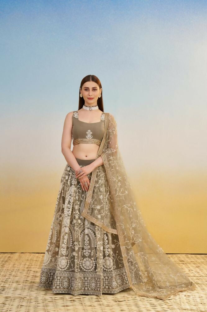 Aastha Fashion Ivory Butterfly Net White Cotton Thread Work And Sequence Work Embroidery Wedding Wear Lehenga Choli - Distacart