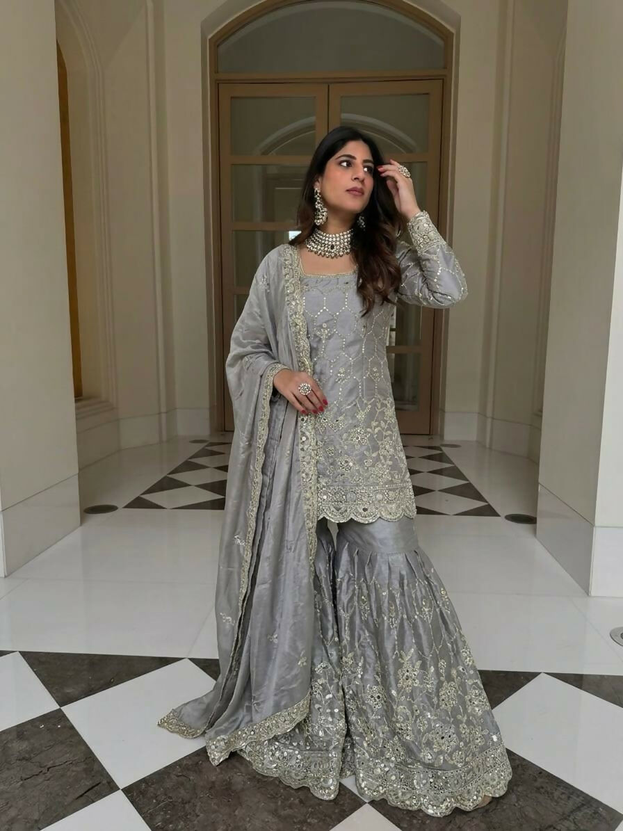 Teeya Creation New Trendy Latest Designer Embroidery Sharara Kurta Set -Grey - Dista