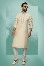 Thumbnail for Raivat Ethnic Art Silk Mirror Embroidery Work Kurta Pajama In Cream Colour - Dista