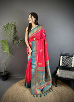 Thumbnail for Joban Fashion Hot Pink Banarasi Soft Silk Peacock Butta Work Saree - Distacart