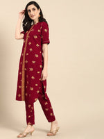 Thumbnail for All About You Women Maroon & Mustard Yellow Floral Printed Pure Cotton Kurta with Trousers - Distacart