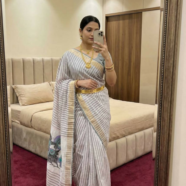 Vastranavya Grey Linen Cotton Meenakari Weaving Pallu Saree with Contrast Blouse - Distacart