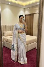 Thumbnail for Vastranavya Grey Linen Cotton Meenakari Weaving Pallu Saree with Contrast Blouse - Distacart