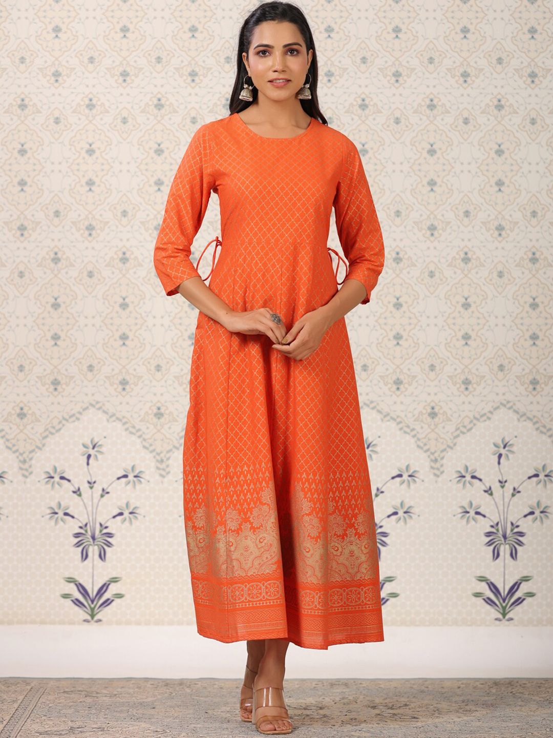 Ode by House of Pataudi Orange Coloured Ethnic Motifs Woven Design Anarkali Kurta - Distacart