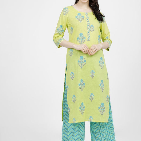 Vishudh Women Lime Green Ethnic Motifs Printed Regular Pure Cotton Kurta with Palazzos - Distacart