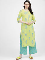 Thumbnail for Vishudh Women Lime Green Ethnic Motifs Printed Regular Pure Cotton Kurta with Palazzos