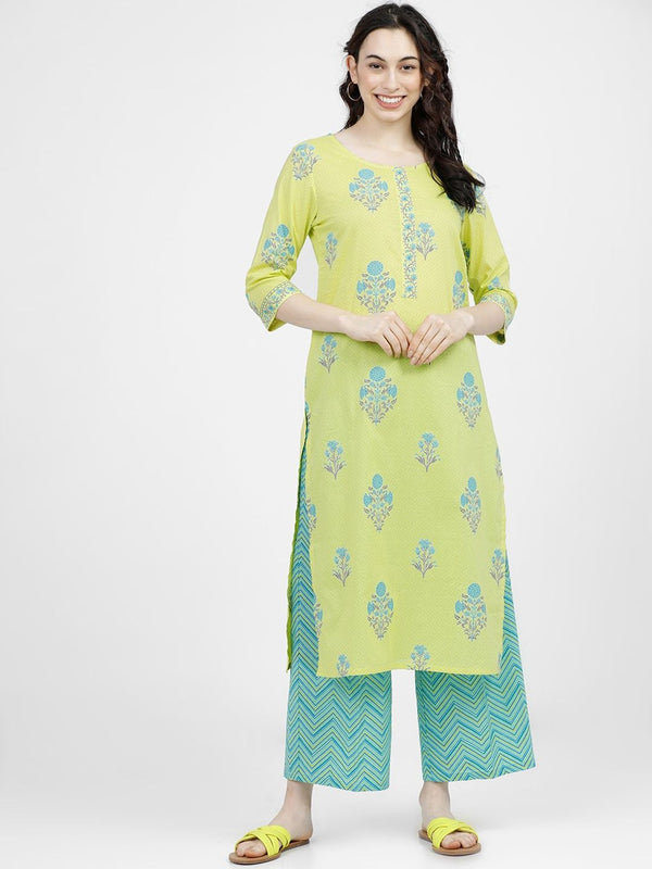 Vishudh Women Lime Green Ethnic Motifs Printed Regular Pure Cotton Kurta with Palazzos