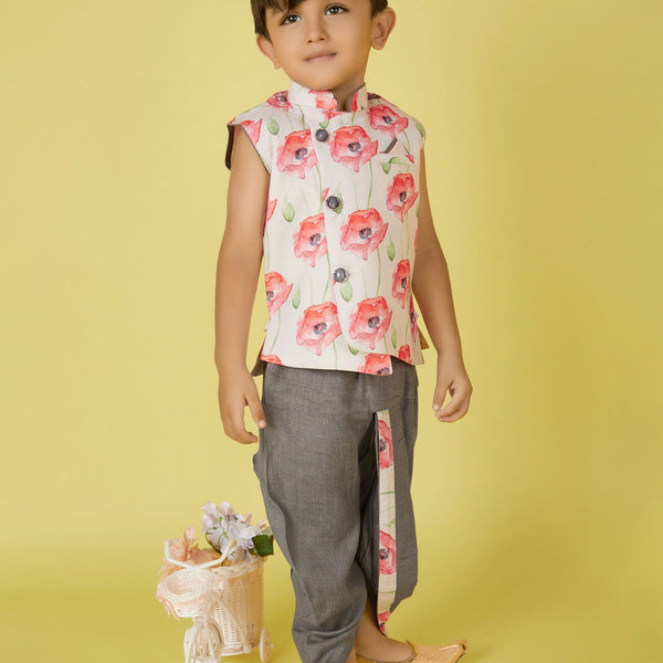 Joban Fashion Kids Island Cotton Sleeveless printed Kurta and Solid Dhoti - Grey - Distacart