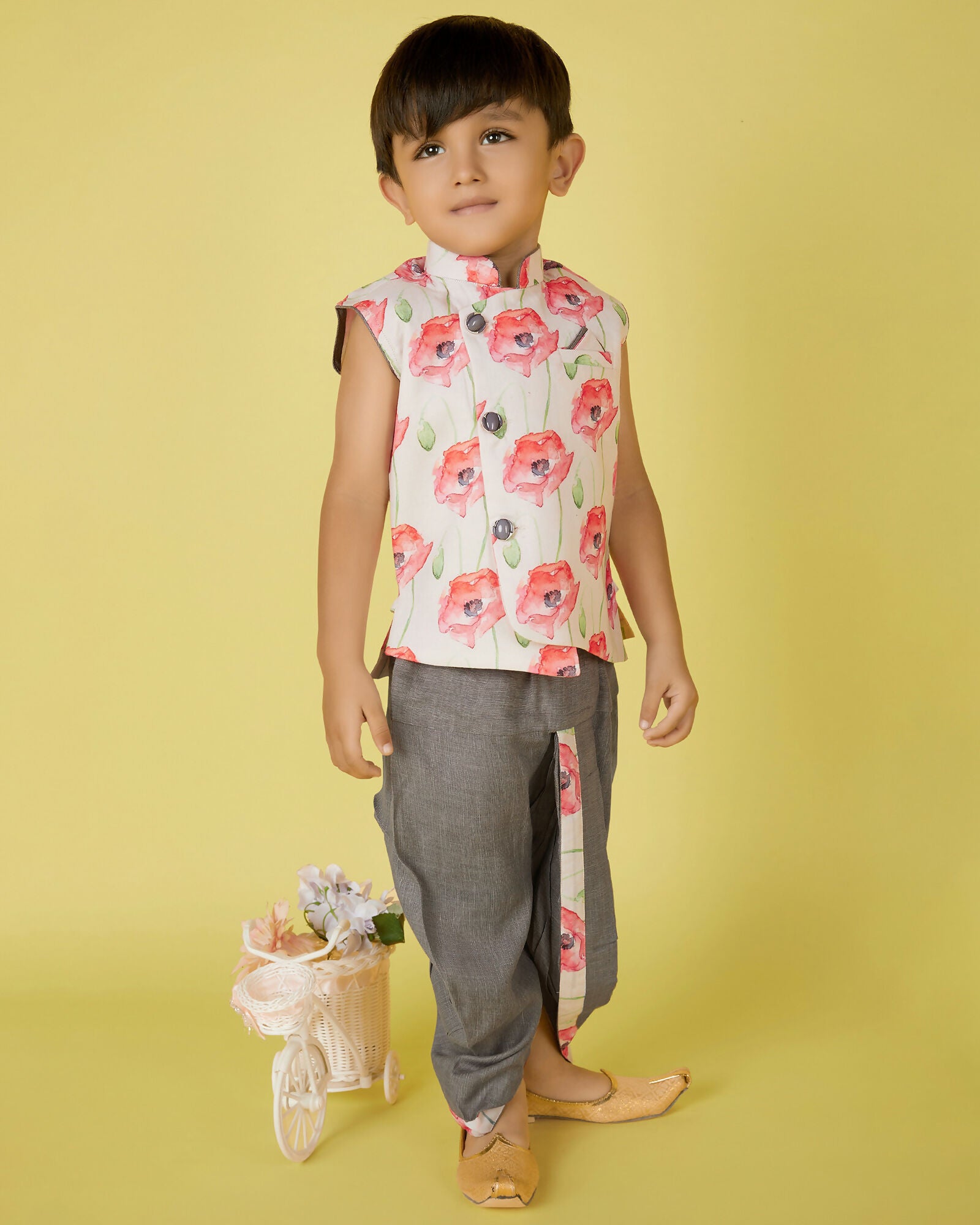Joban Fashion Kids Island Cotton Sleeveless printed Kurta and Solid Dhoti - Grey - Distacart